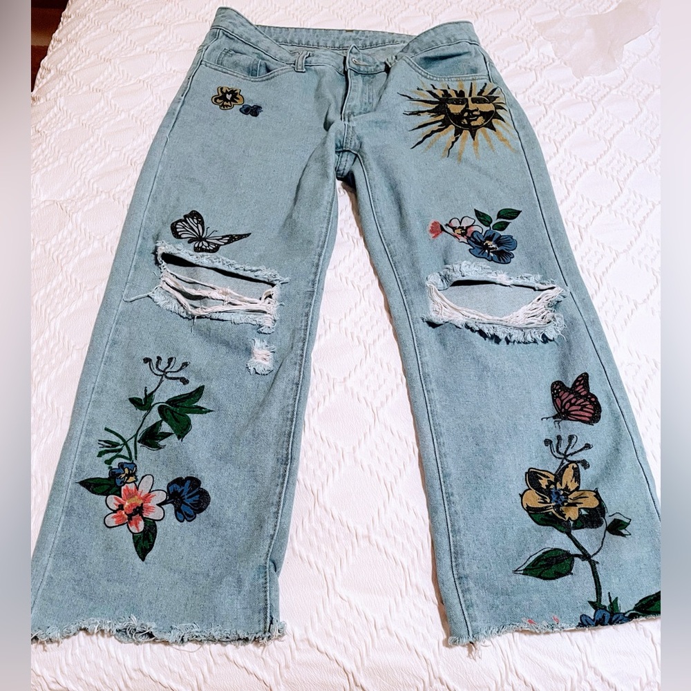 SHEIN Light Blue Embroidered Flare Jeans